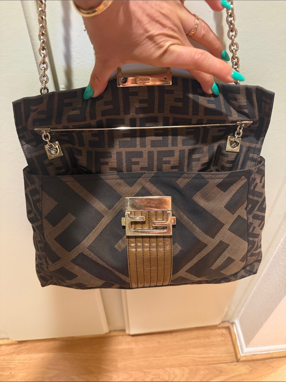 Fendi Brown Zucca FF-Logo Shoulder:Crossbody Bag with Tan Leather Trim - Picture 8 of 13